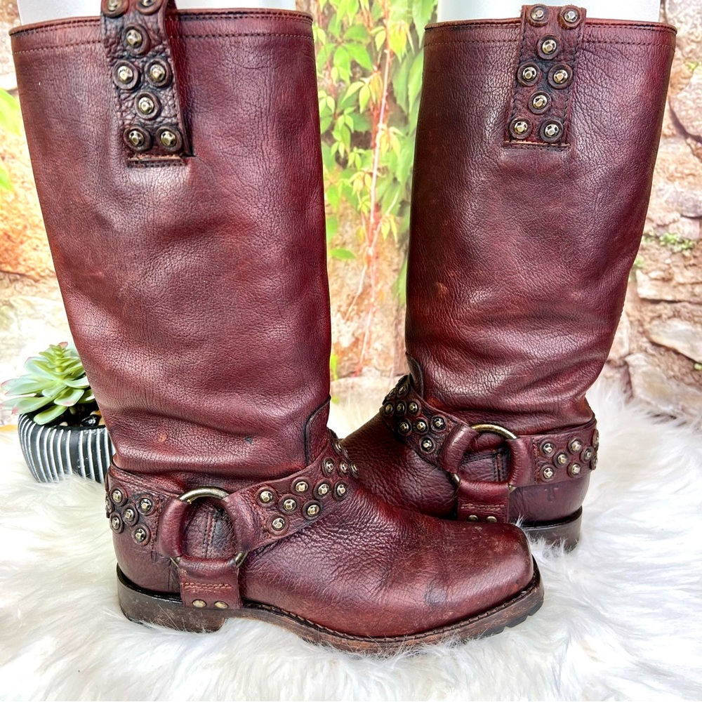 FRYE Heath Disc Harness Distressed Cognac Leather Boots, Beautiful Patina, 6B - Picture 9 of 16